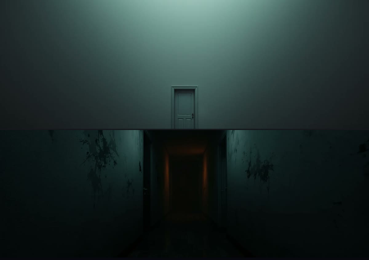 Two versions of the same dark hallway, stacked one above the other. In the top image a normal-sized door is dwarfed by an enormous blank wall rising above it. In the bottom image the corridor is so narrow the walls almost touch.