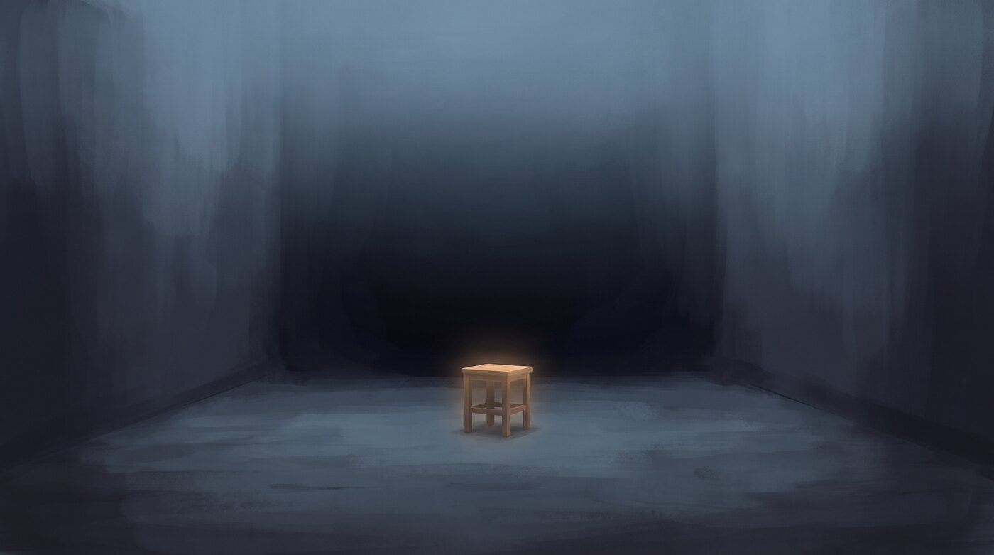 A cold, empty blue-grey room. A single small wooden stool stands in the middle distance, wrapped in a warm glow that lights nothing around it.