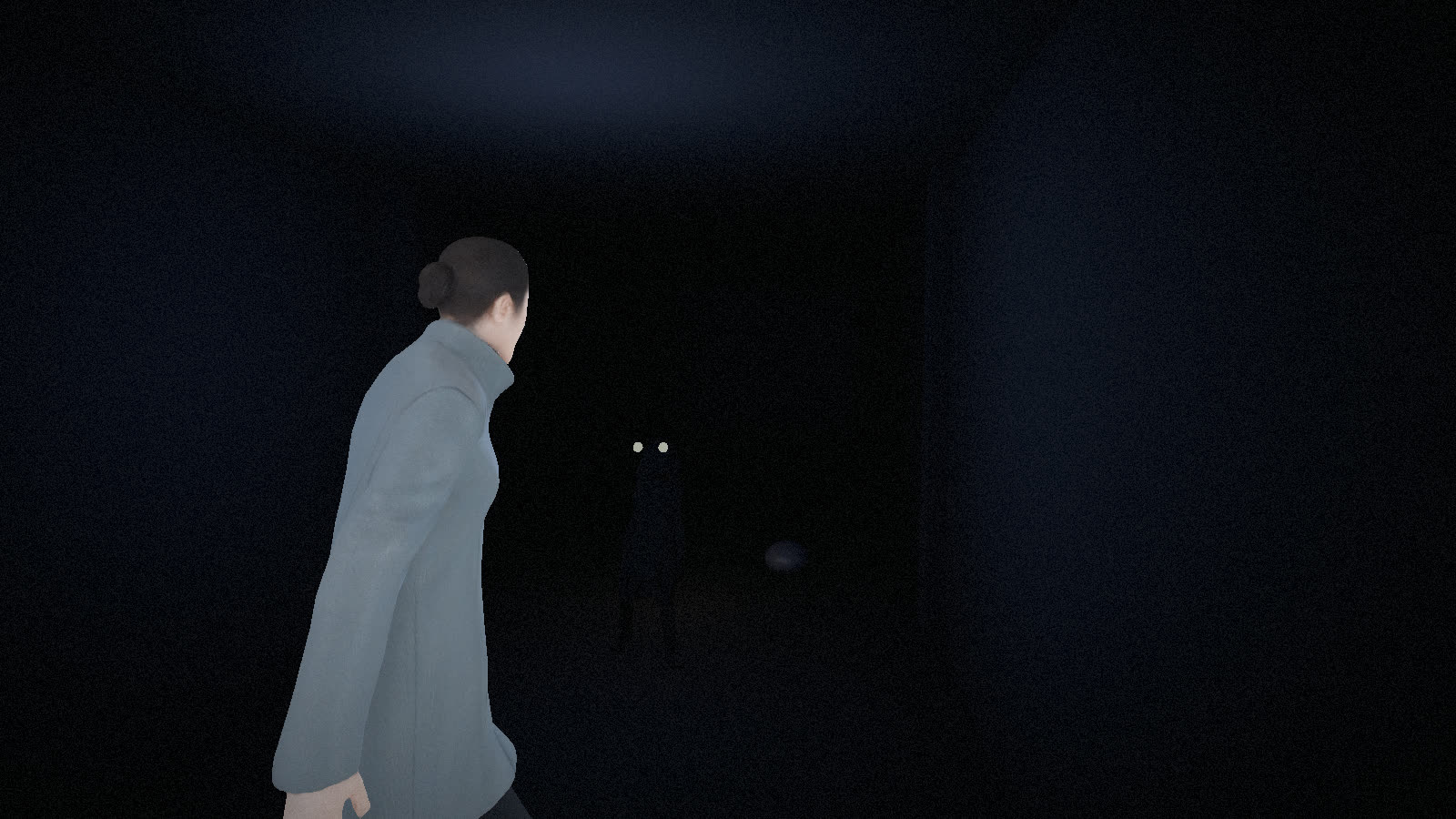 Over the shoulder, a woman turns to look back down a dark corridor. Far off, a small figure keeps pace, only its eyes catching the light.